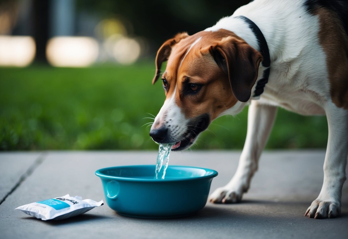 A dog lapping up fresh water from a bowl, with a discarded nicotine pouch nearby