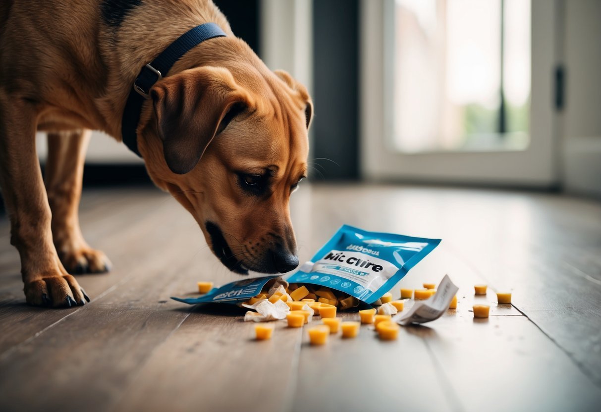 A dog chews open a discarded nicotine pouch, scattering its contents across the floor