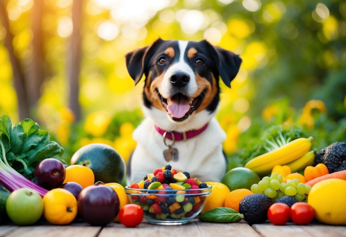 A happy dog surrounded by colorful fruits and vegetables, with a bowl of nutritious superfoods in the foreground