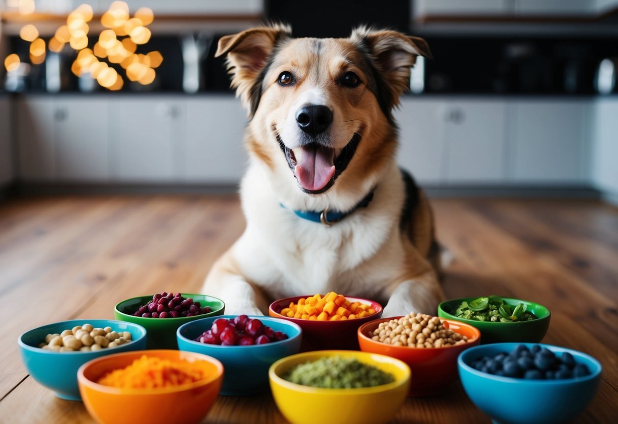 A happy dog surrounded by colorful bowls of superfoods