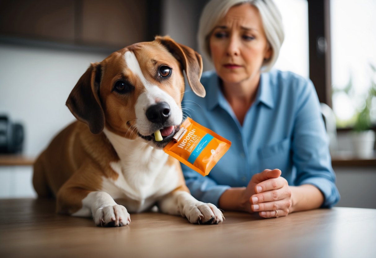 A dog ingesting a nicotine pouch, with a concerned owner looking on