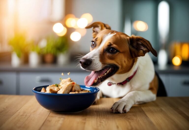 Dog looking at a bowl of food on a table, tongue out