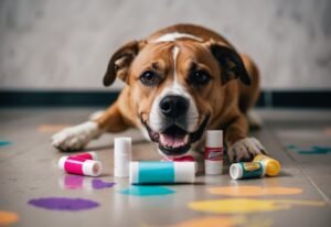 Smiling dog lying on floor surrounded by colorful lip balms