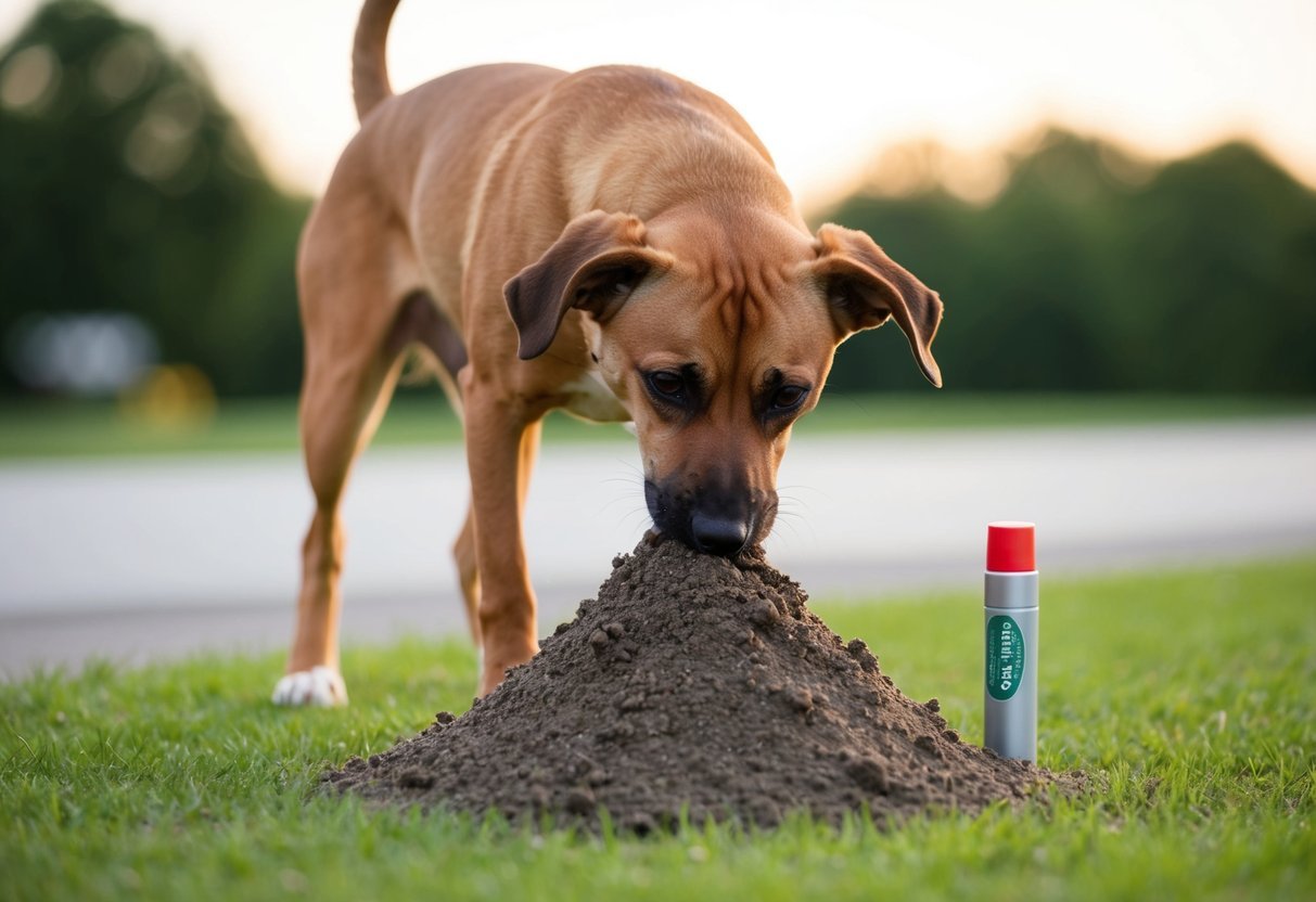 A dog sniffs a pile of poop, with a chapstick scent wafting through the air