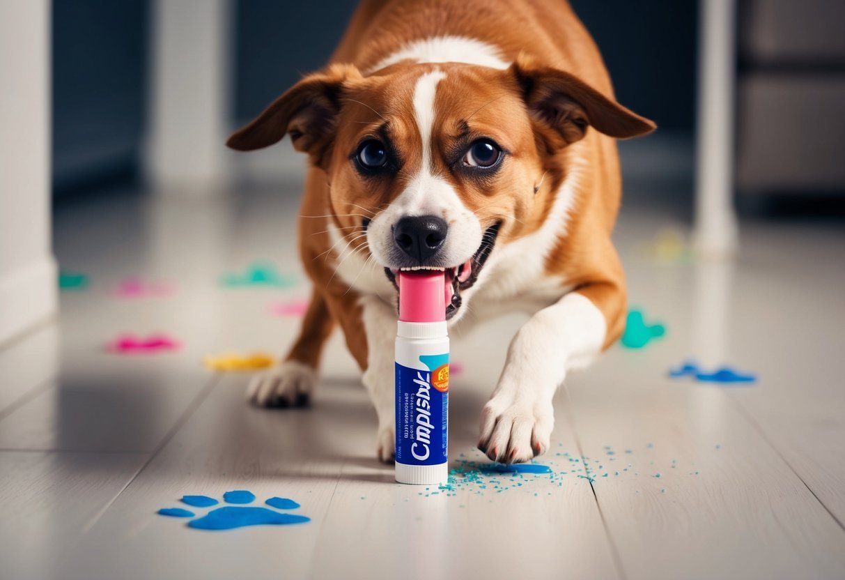 A mischievous dog devours a tube of chapstick, resulting in a chaotic burst of energy.</p><p>The dog zooms around the room, leaving behind colorful paw prints and a guilty expression