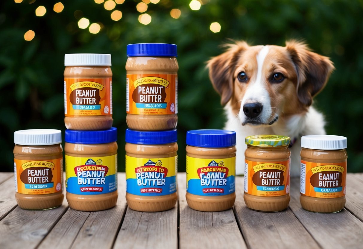 A variety of peanut butter jars with warning signs, a dog looking curious