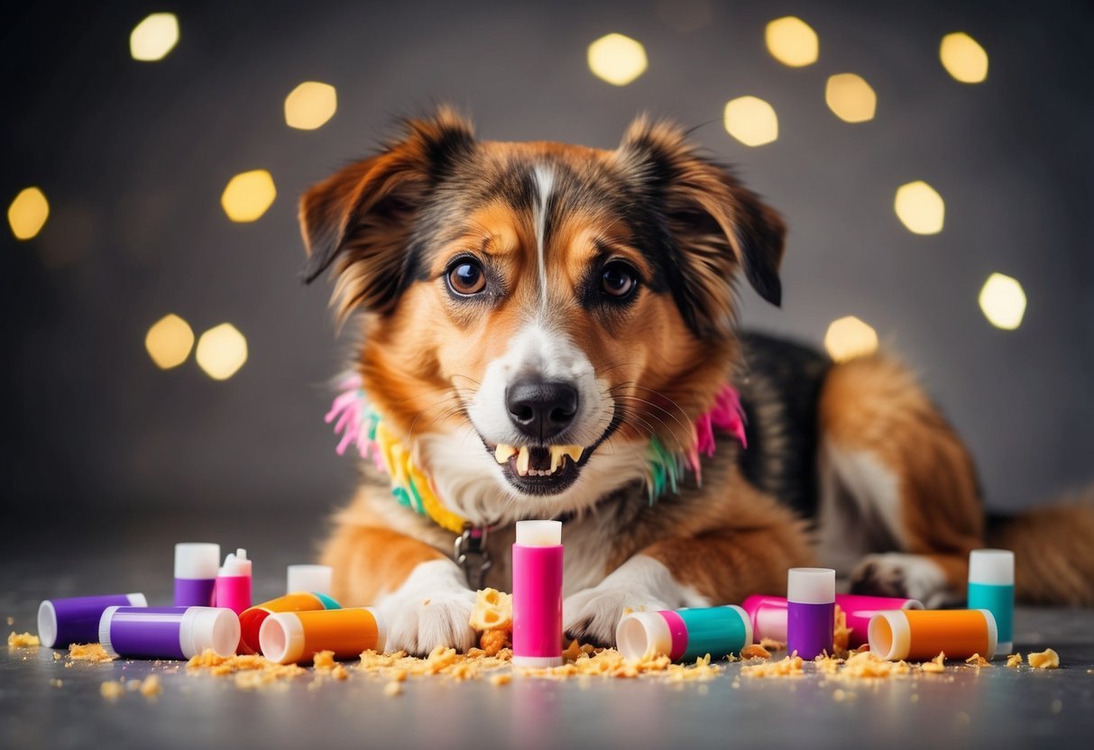 A mischievous dog surrounded by chewed up lip balm tubes, with a guilty expression and a colorful mess on its fur