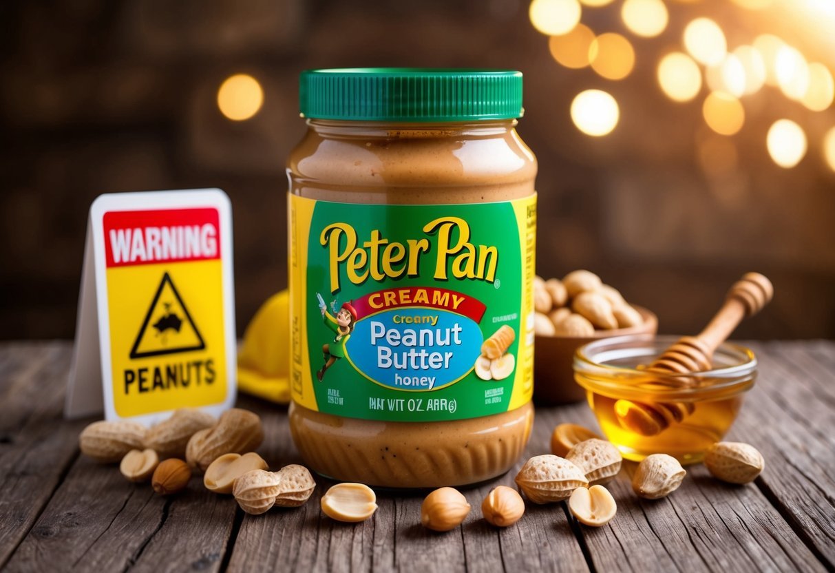 A jar of Peter Pan Creamy Peanut Butter with Honey surrounded by various types of peanuts and a warning sign