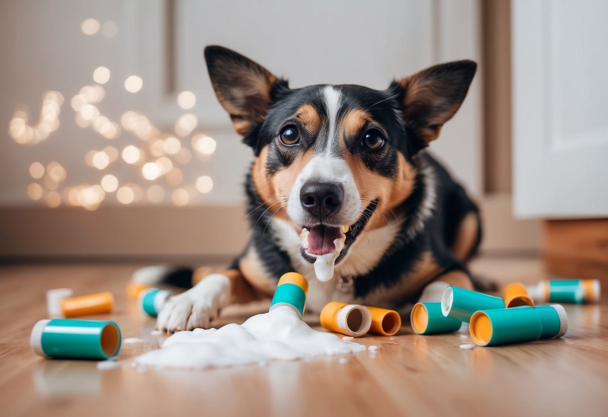 A dog surrounded by chewed up chapstick tubes, with foamy vomit on the floor