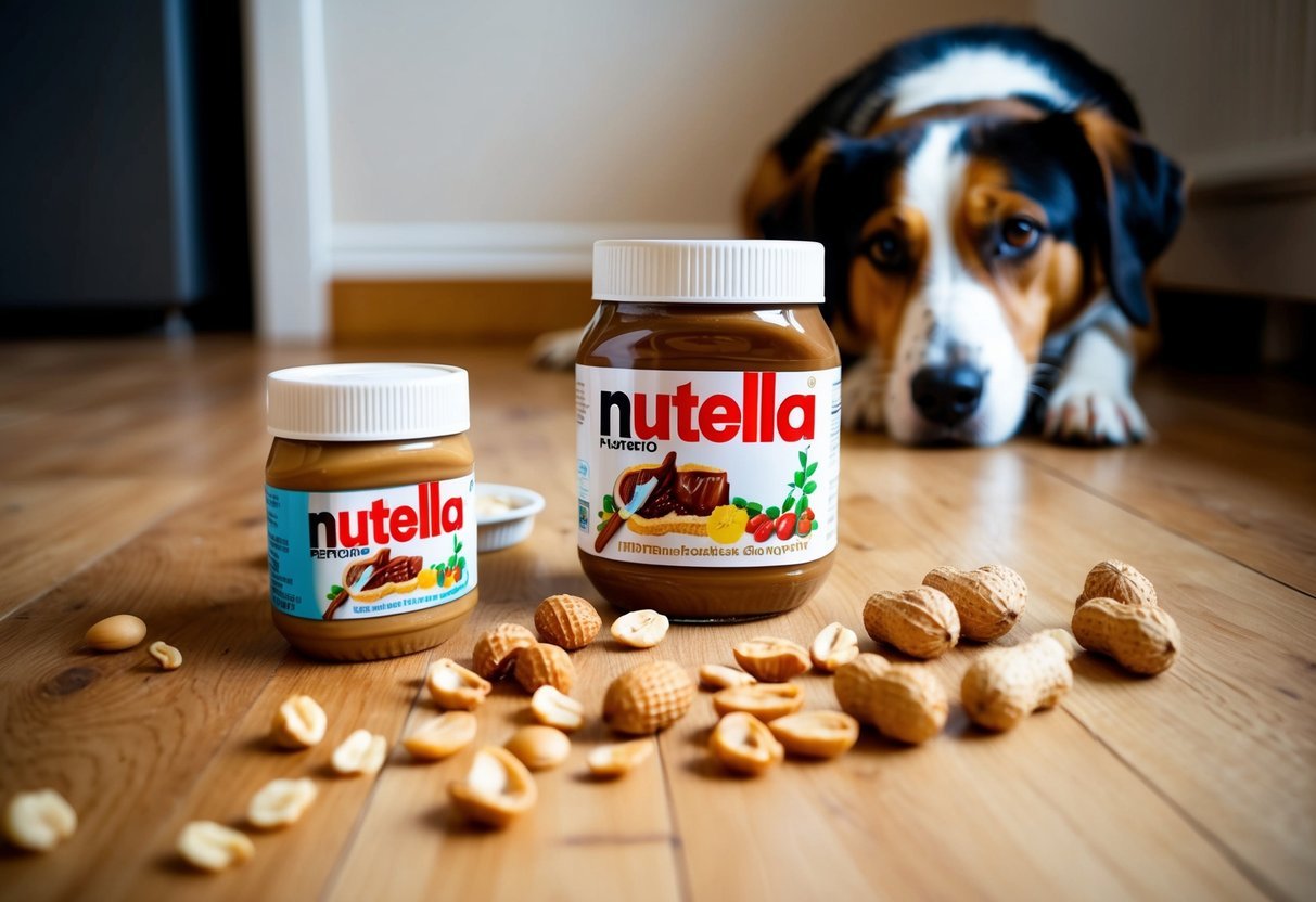 A jar of Nutella and various types of peanut butter scattered on the floor, with a concerned looking dog nearby