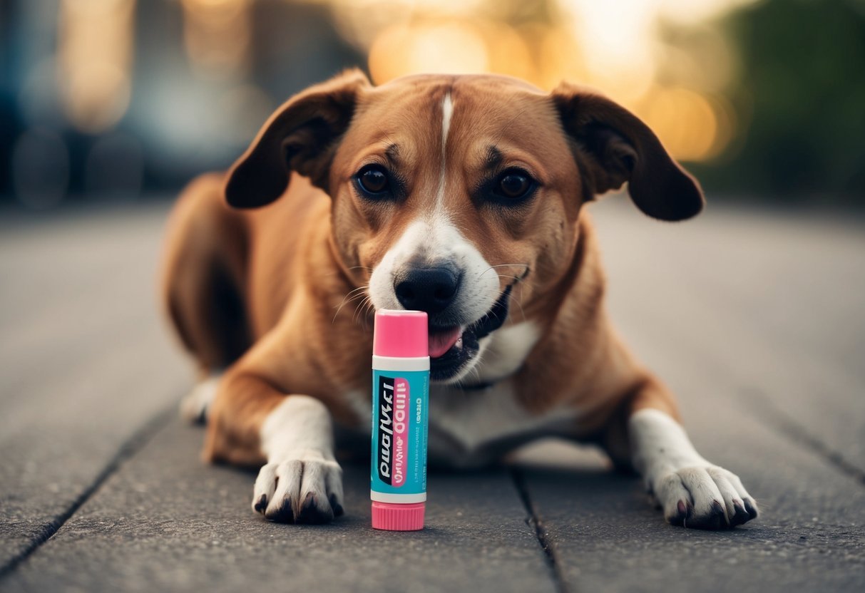 A dog sniffs a tube of chapstick, then takes a bite and swallows it.</p><p>The dog's stomach rumbles as it starts to feel sick