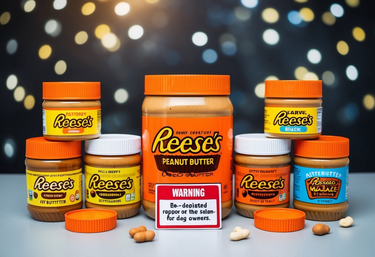 A jar of Reese's Creamy Peanut Butter surrounded by 8 different types of peanut butter, with a warning sign for dog owners