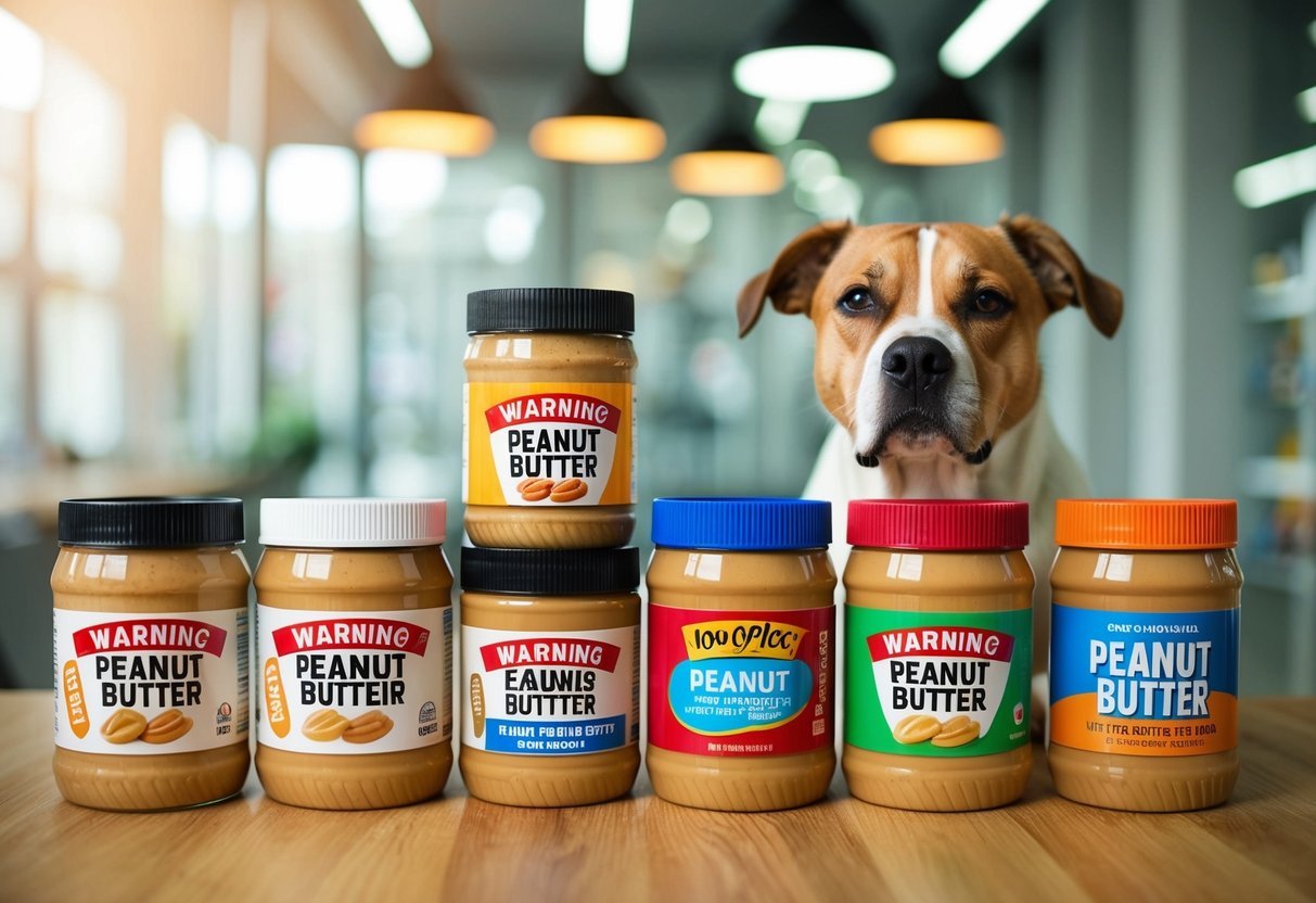 A variety of peanut butter jars with warning signs and a sad-looking dog