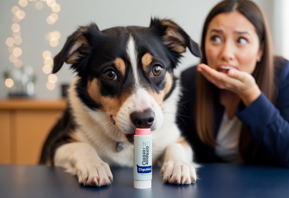 A dog sniffs and then eats a tube of chapstick, causing a look of surprise as the owner watches.</p><p>The dog begins to exhibit unusual behavior, such as licking its lips excessively and pawing at its mouth