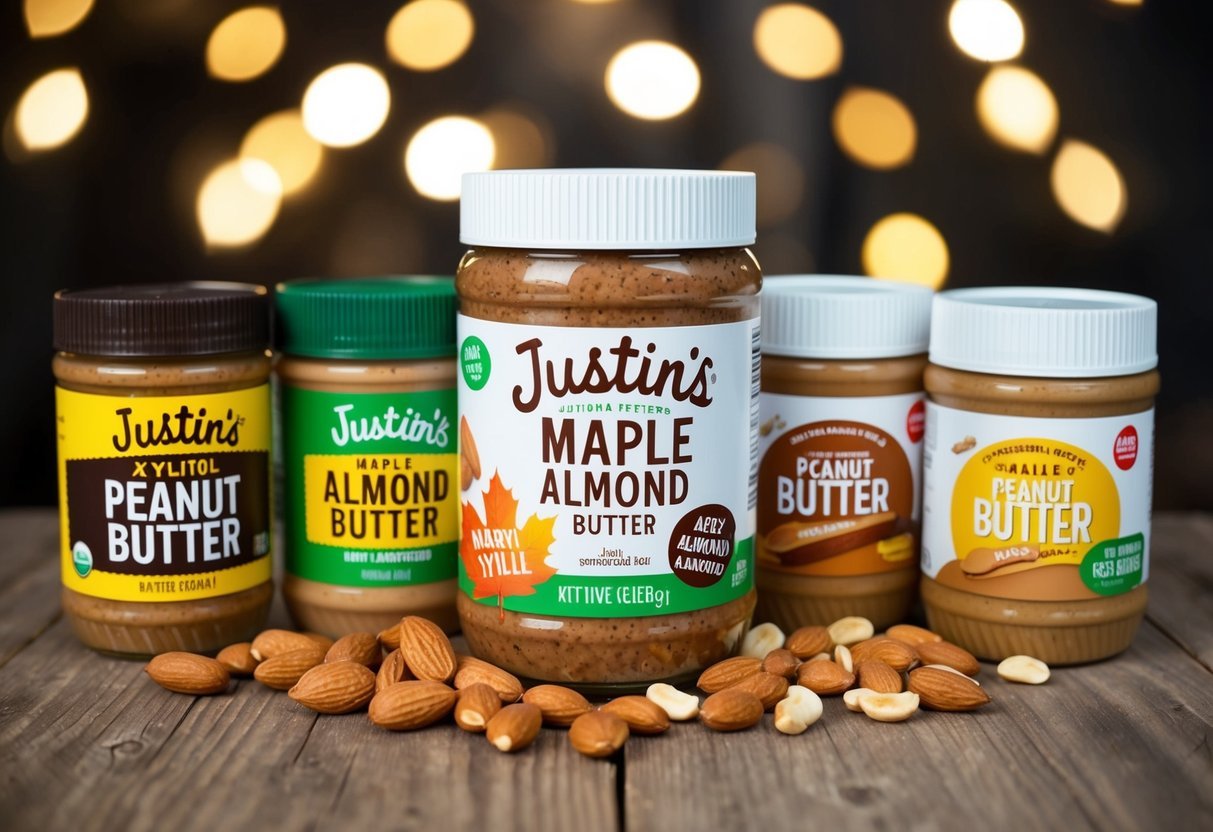 A jar of Justin's Maple Almond Butter surrounded by various types of peanut butter, with a warning sign about xylitol