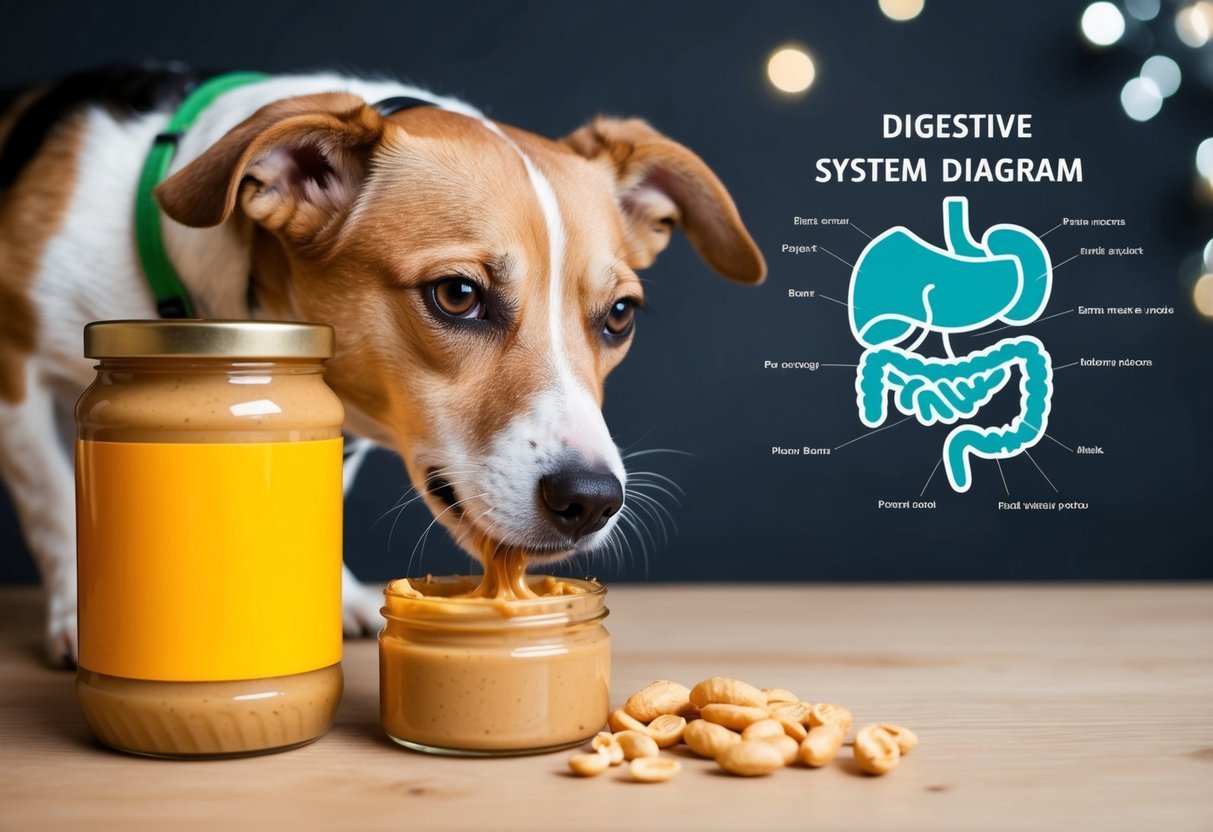 A dog sniffing a jar of peanut butter while a digestive system diagram hovers nearby