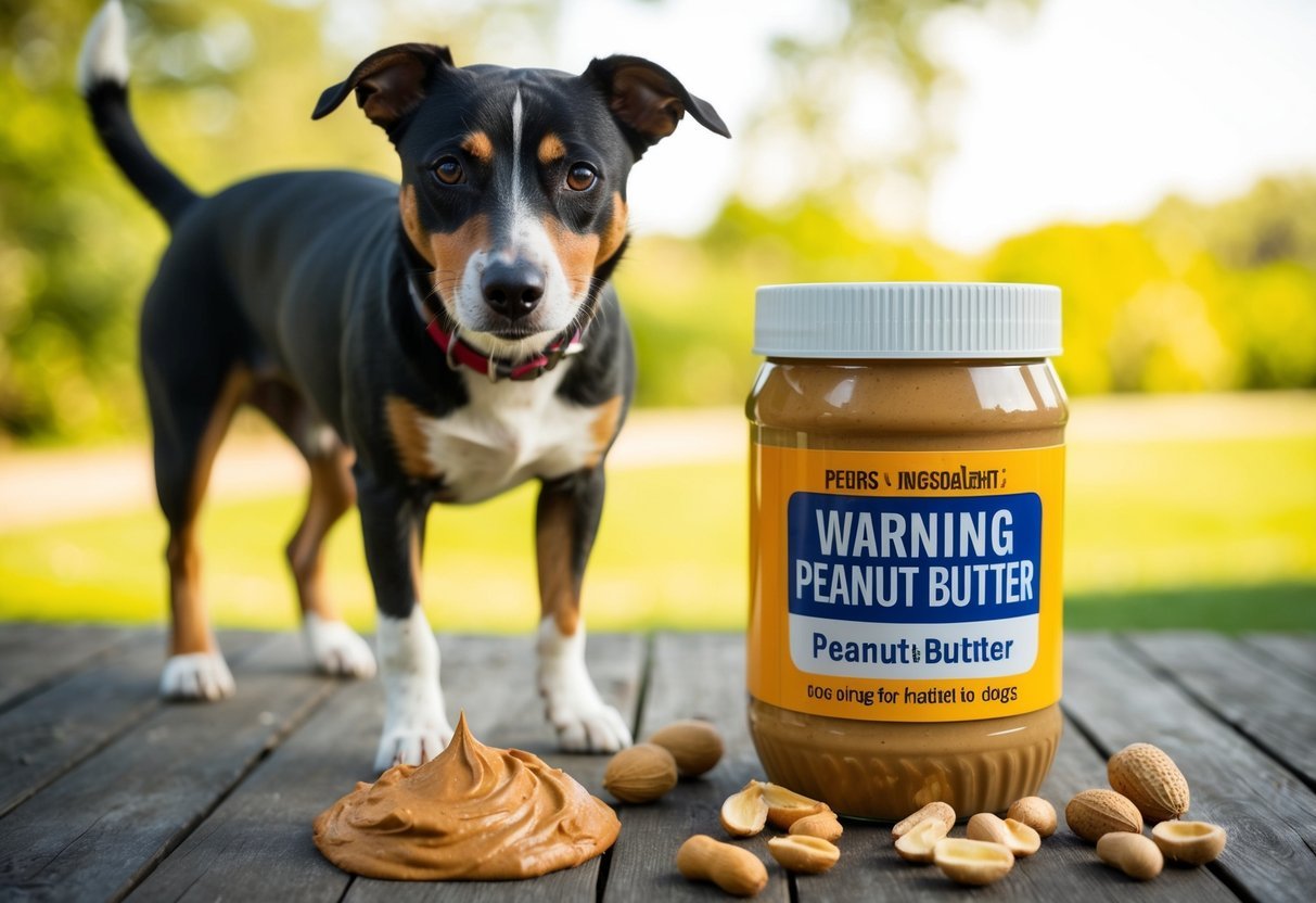 A dog standing near a jar of peanut butter with a warning label.</p><p>The jar is surrounded by various ingredients that are harmful to dogs
