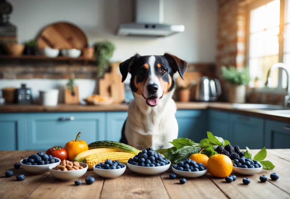 A dog surrounded by a variety of human foods, including blueberries, in a rustic kitchen setting