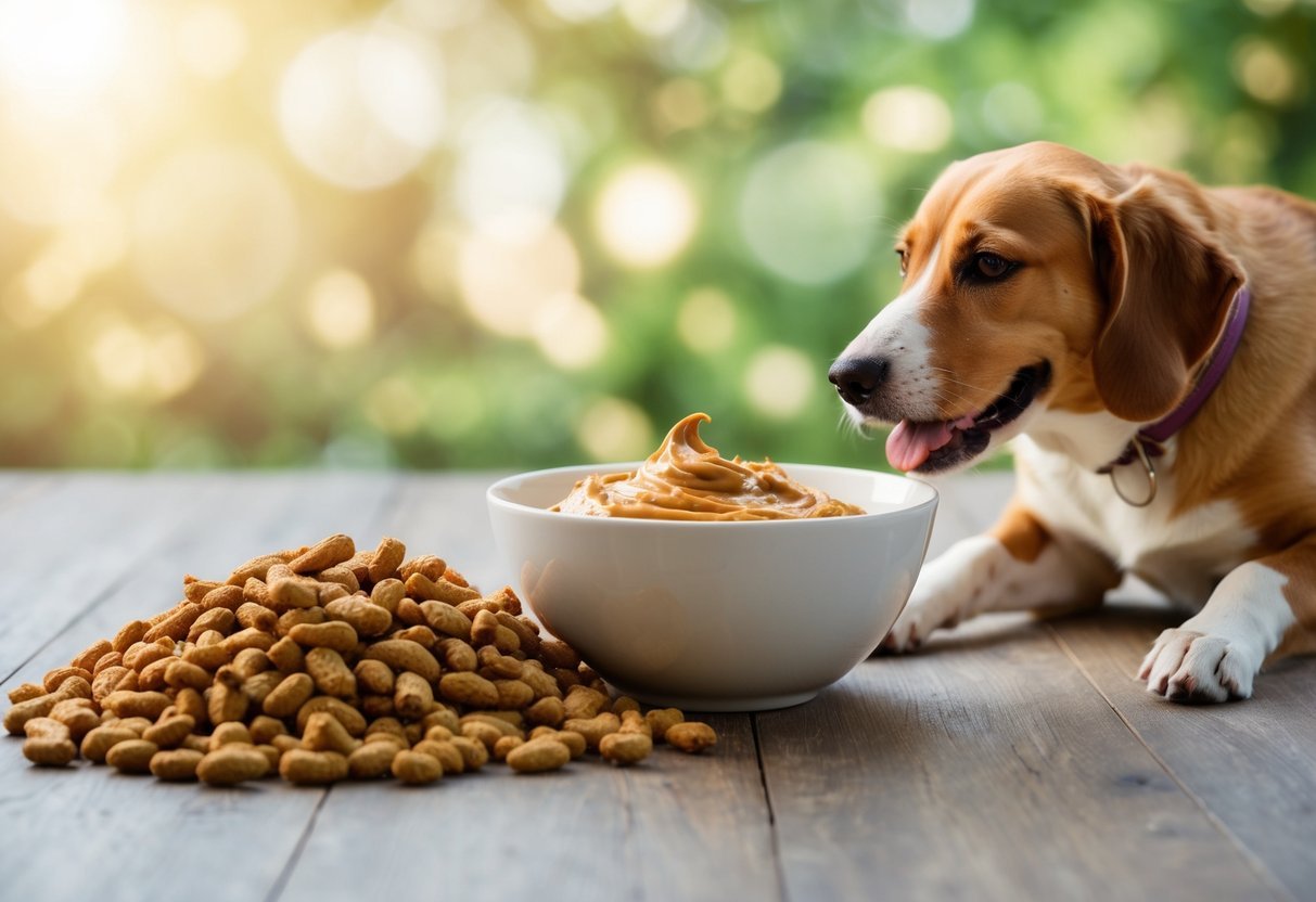 A bowl of unsalted, unsweetened peanut butter sits next to a pile of dog food, with a happy dog eagerly choosing the peanut butter over the dog food