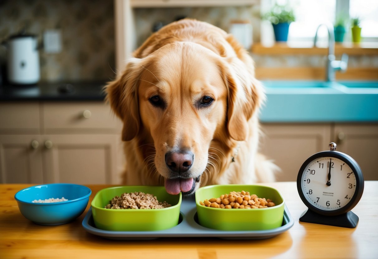 A Golden Retriever eating from portioned meal bowls with a timer nearby