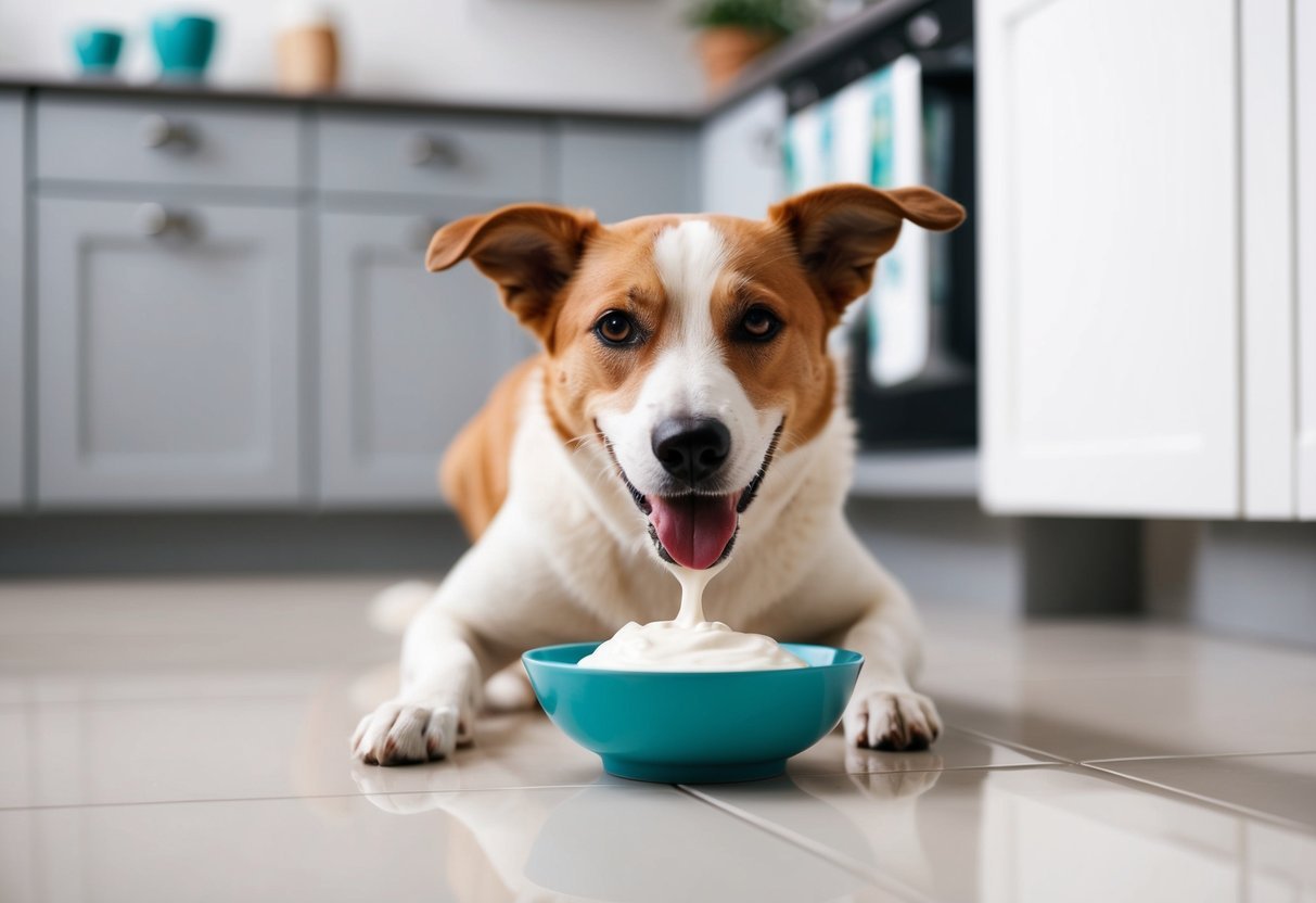 A happy dog eating plain Greek yogurt from a bowl on a clean kitchen floor