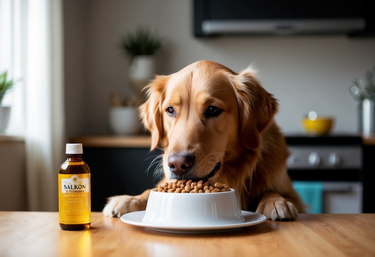 A Golden Retriever eagerly lapping up a bowl of food with a bottle of salmon oil nearby for a shiny coat