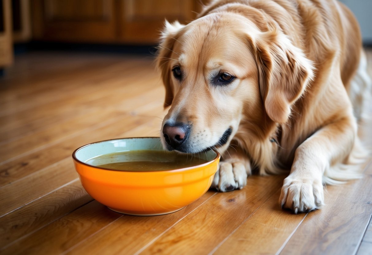 A Golden Retriever eagerly laps up bone broth from a bright, ceramic bowl on a wooden floor