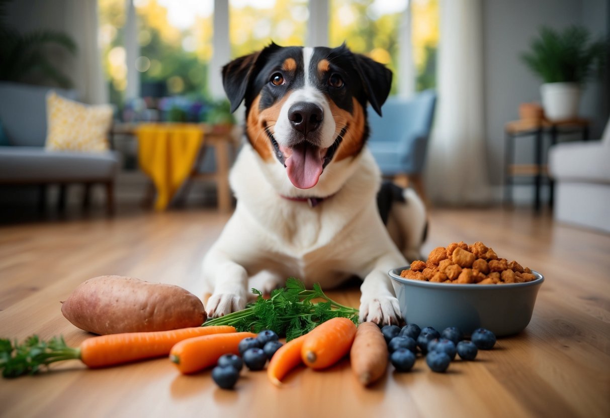 A happy dog surrounded by various human foods like carrots, blueberries, and sweet potatoes, with a bowl of dog food pushed to the side