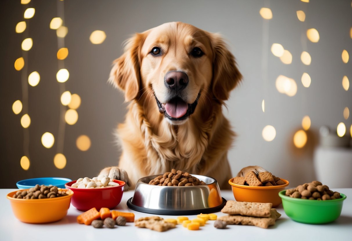 A Golden Retriever eagerly awaits a meal, surrounded by various dog food and treats