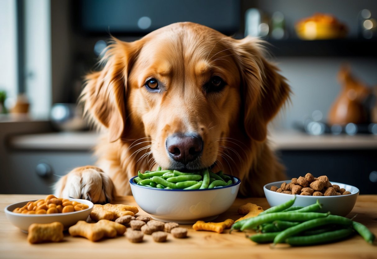 A Golden Retriever eagerly munches on a bowl of green beans, surrounded by a variety of dog food and treats