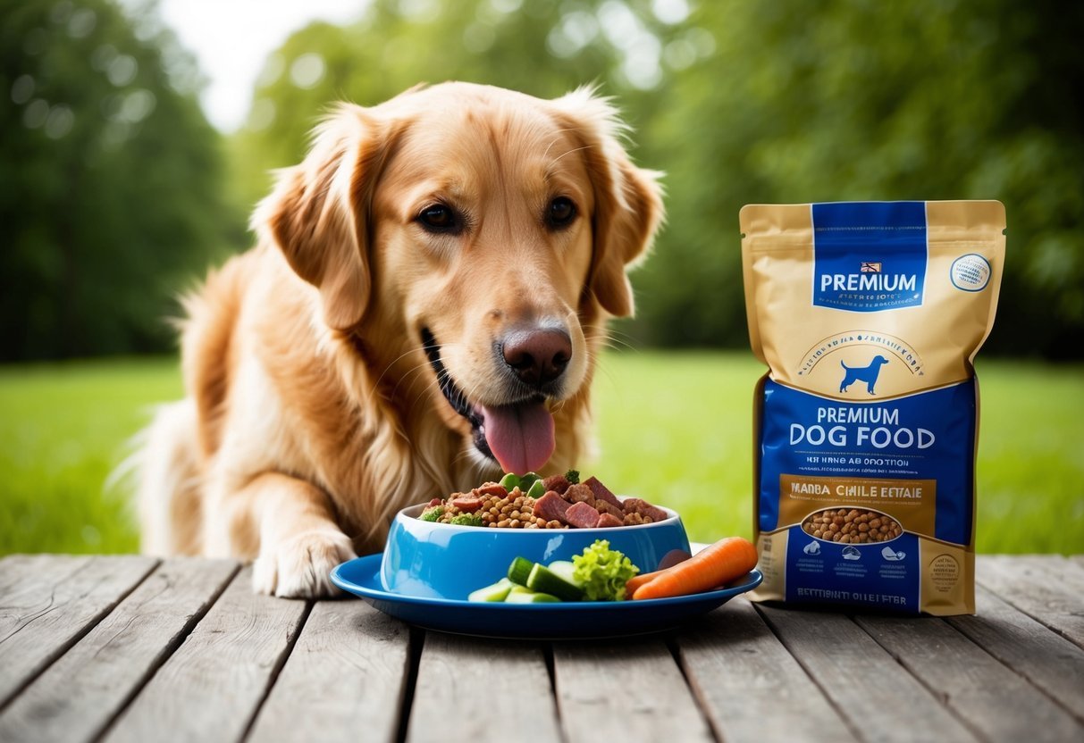 A golden retriever eagerly eats from a bowl filled with a balanced diet of fresh meat, vegetables, and grains, while a bag of premium dog food sits nearby