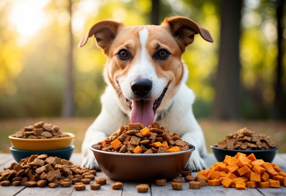 A dog happily eating from a bowl filled with homemade beef and sweet potato kibble, surrounded by other delicious kibble recipes