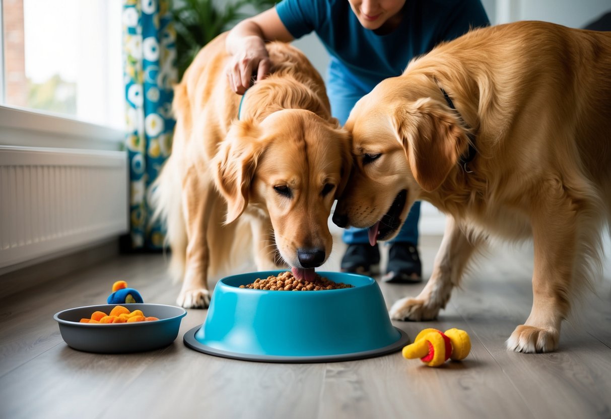 A golden retriever eagerly eating from a raised food bowl, surrounded by toys and a water dish.</p><p>The owner watches closely, ensuring proper portion control and a balanced diet