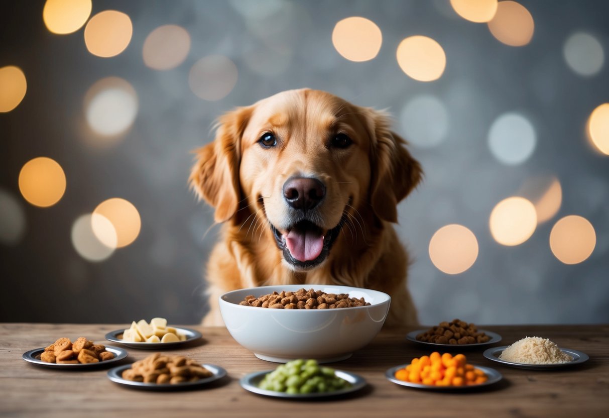A golden retriever eagerly eating from a bowl surrounded by seven hidden food secrets