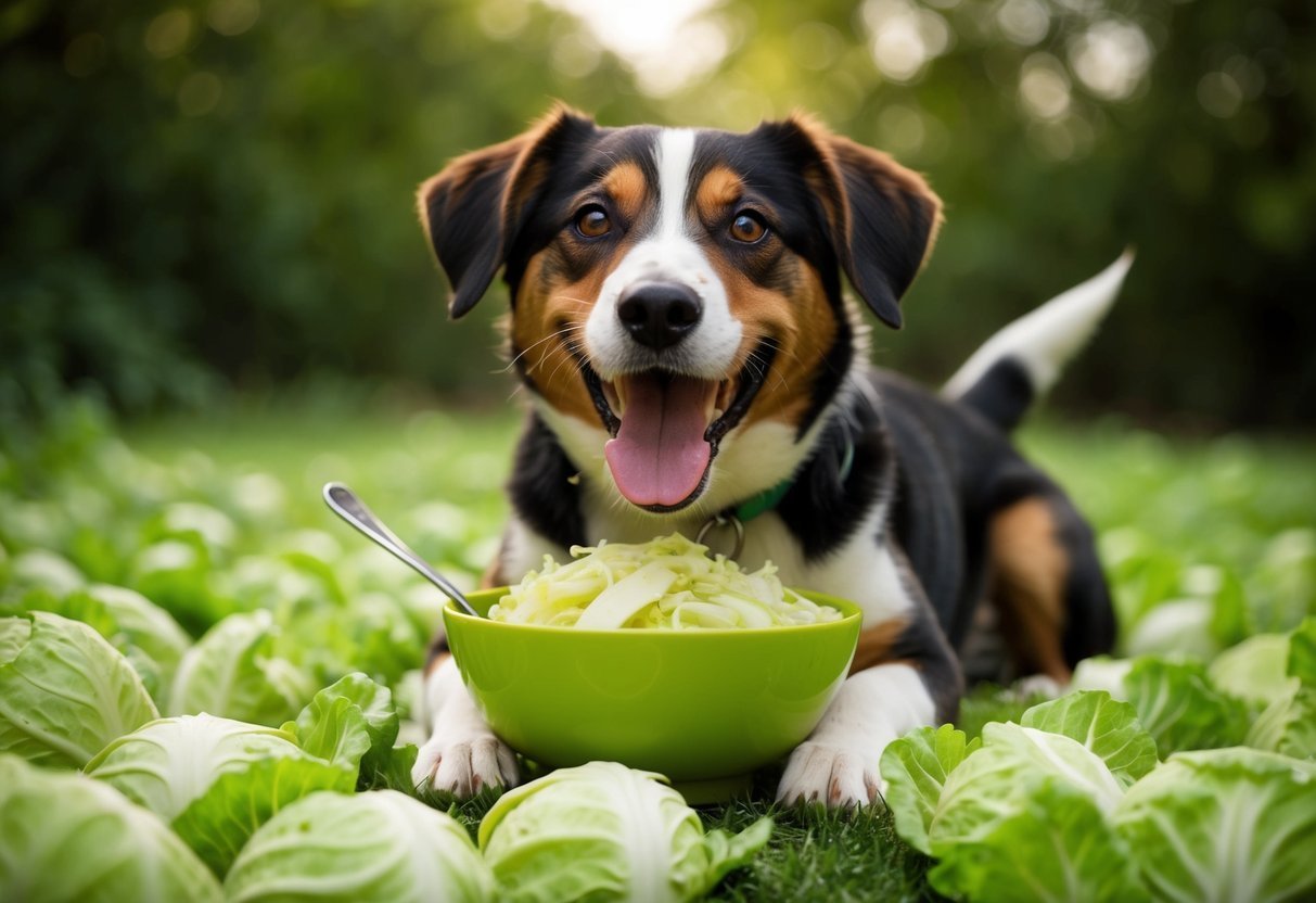 Happy dog with bowl of cabbage in a field of cabbages