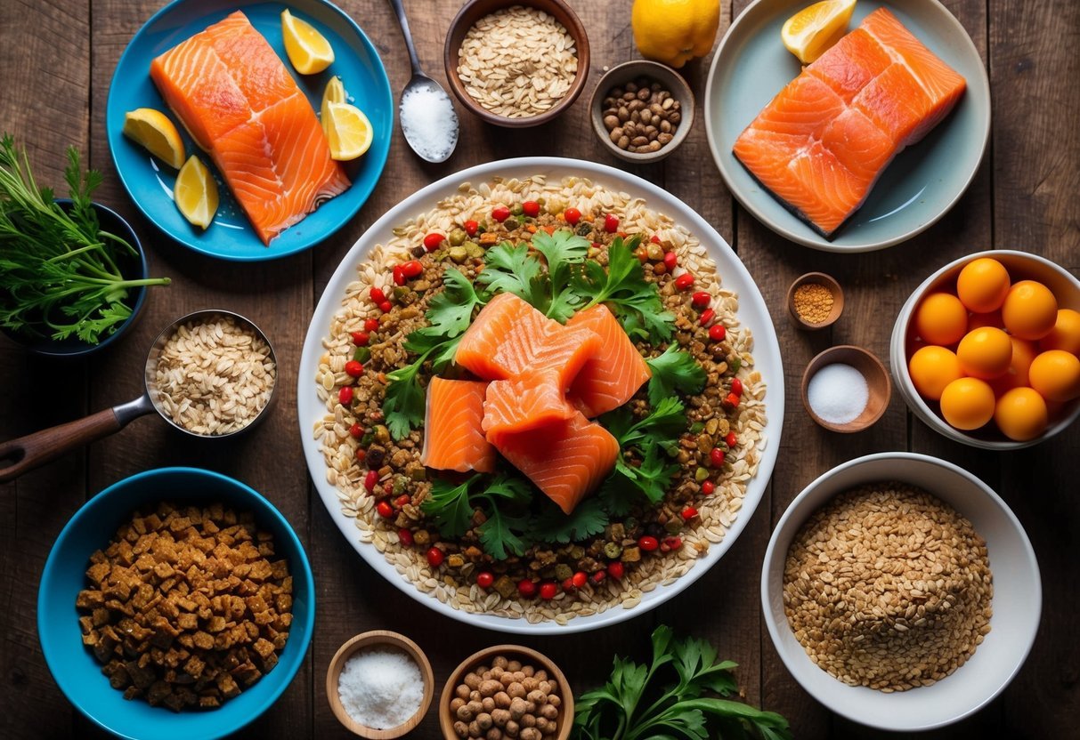 A colorful array of fresh salmon and oats, surrounded by various ingredients and cooking utensils, with seven homemade kibble recipes laid out on a rustic wooden table