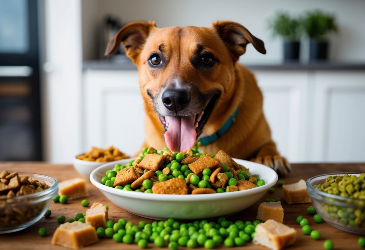 A joyful dog eagerly eating a bowl of homemade kibble filled with peas and duck pieces, surrounded by other delicious dog-friendly ingredients