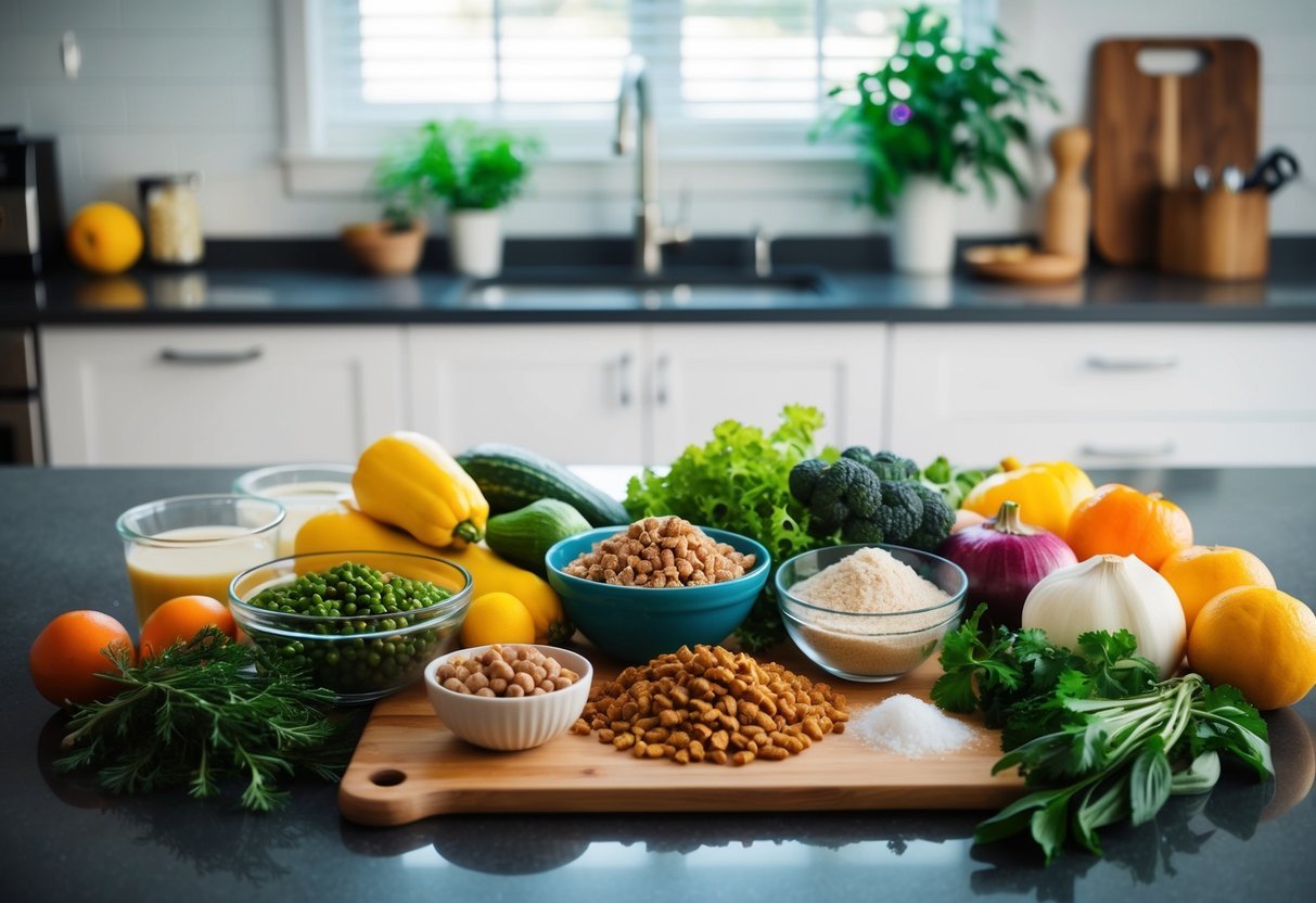 A colorful array of fresh ingredients and kitchen tools laid out on a clean countertop, ready to be used to prepare homemade dog kibble