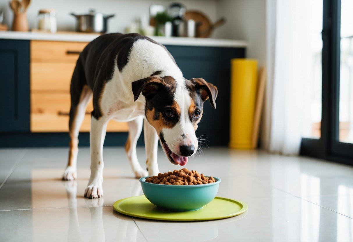 A happy dog eagerly eating homemade kibble from a bowl on a clean kitchen floor, with various ingredients and cooking utensils in the background