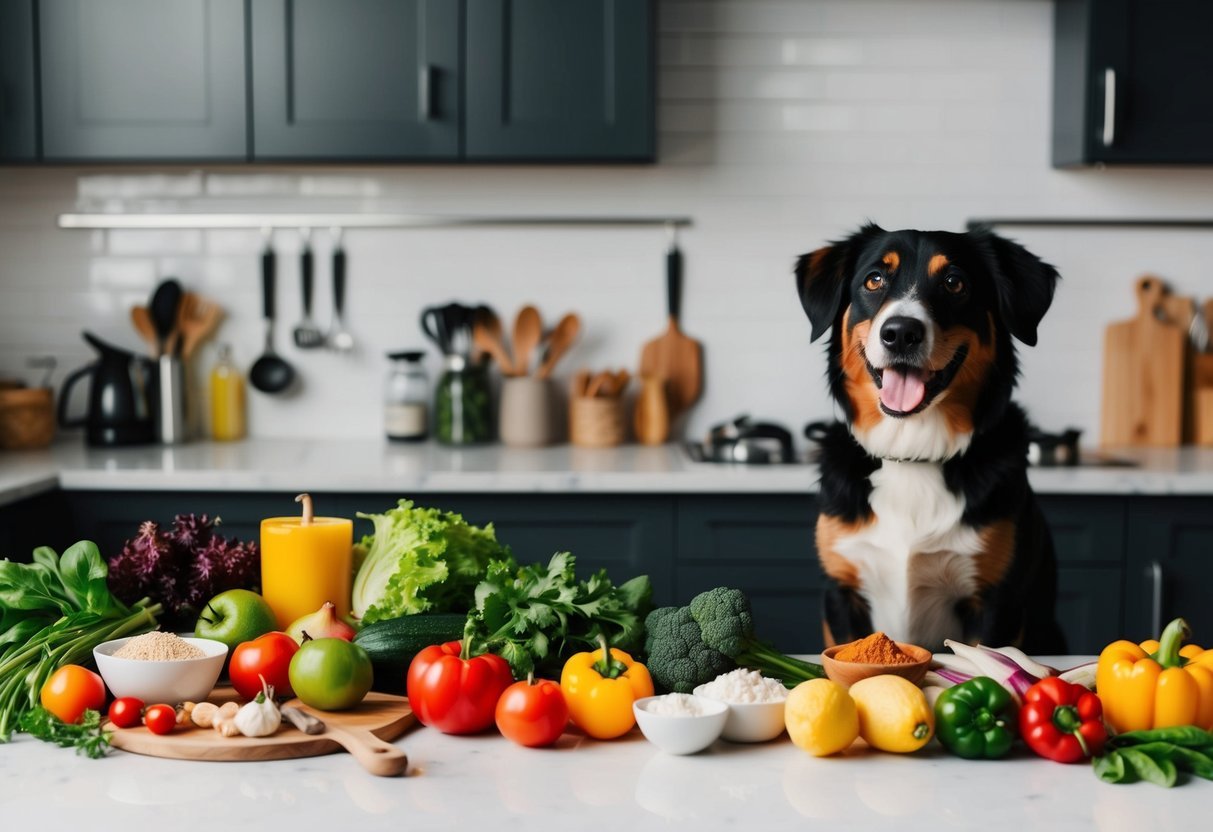 A colorful array of fresh ingredients and kitchen utensils spread out on a countertop, with a happy dog eagerly waiting nearby