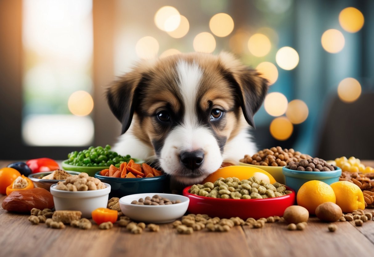 A puppy surrounded by various types of food, looking confused and overwhelmed