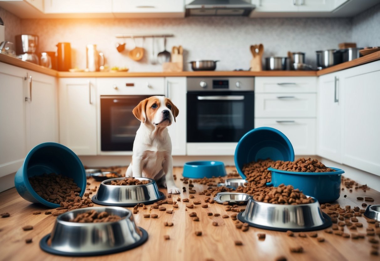 A messy kitchen with overflowing dog food bowls and scattered kibble.</p><p>A confused puppy looks up at the chaos