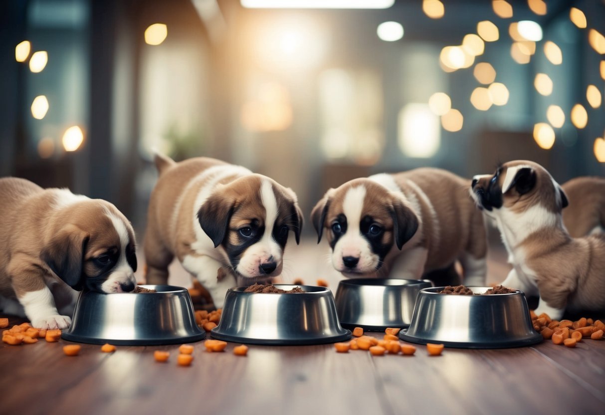 Puppies scattered around empty food bowls, looking hungry and confused