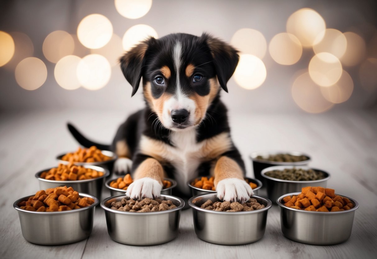 A puppy surrounded by multiple bowls of the same food, looking uninterested and disheartened
