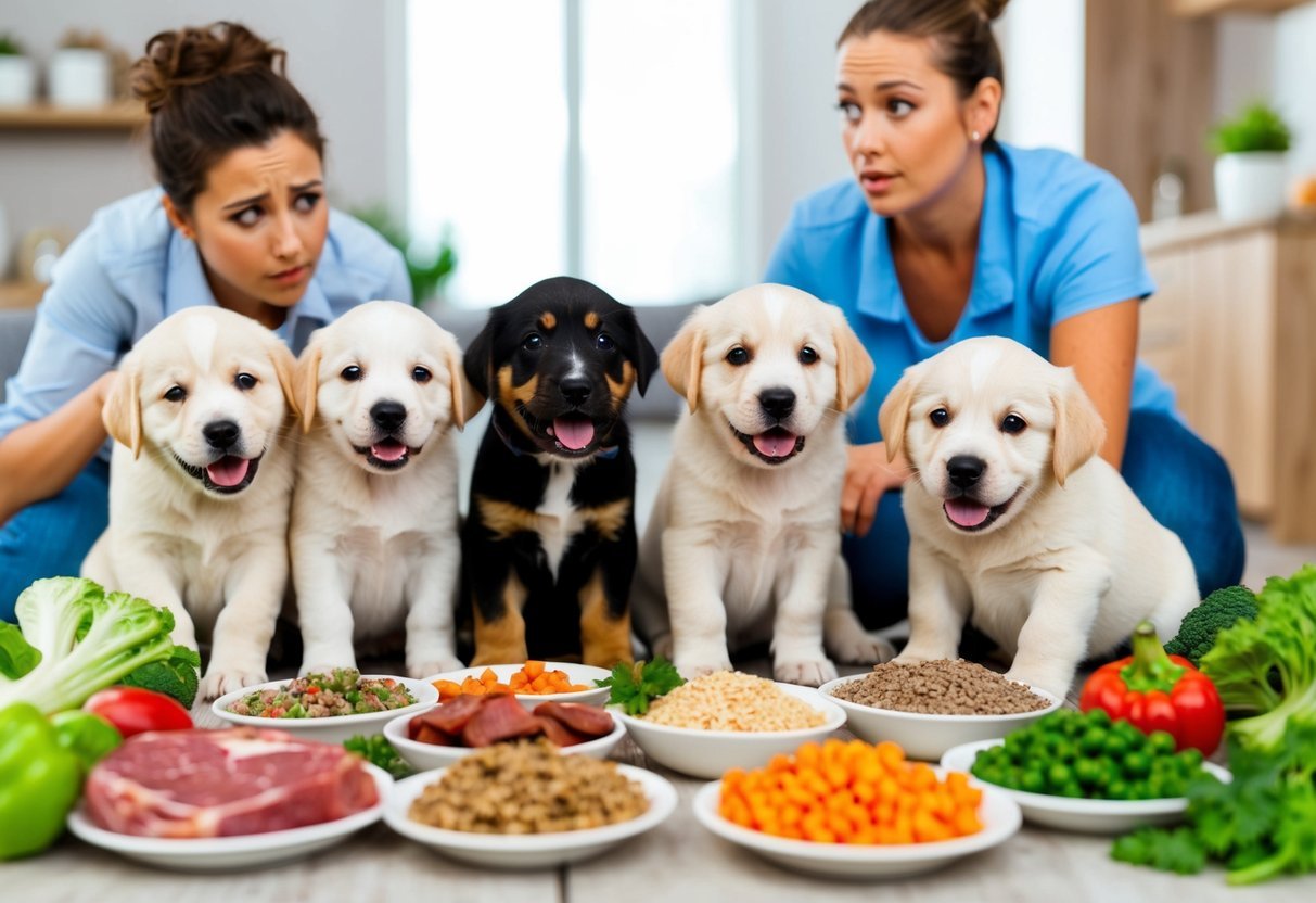 A group of playful puppies surrounded by a variety of healthy food options, including meats, vegetables, and grains, while a concerned owner looks on