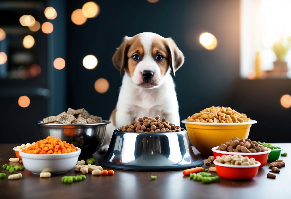 A puppy surrounded by various types of food, with an overflowing bowl and a confused expression
