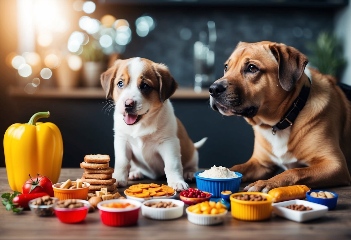 A playful puppy surrounded by various food items, some potentially harmful, with a concerned adult dog looking on