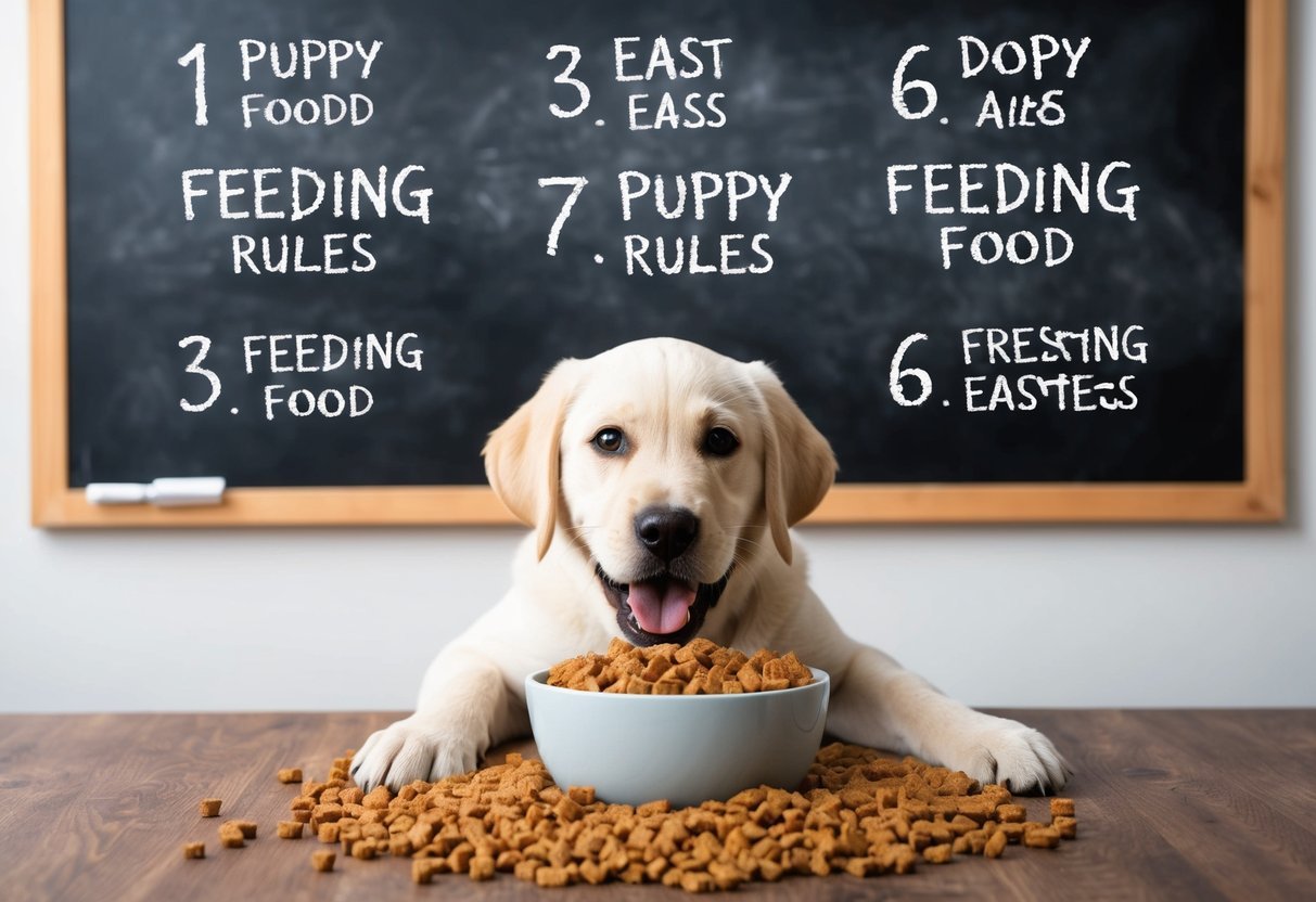 A playful Labrador puppy eagerly eats from a bowl of high-quality puppy food, surrounded by six feeding rules written on a chalkboard