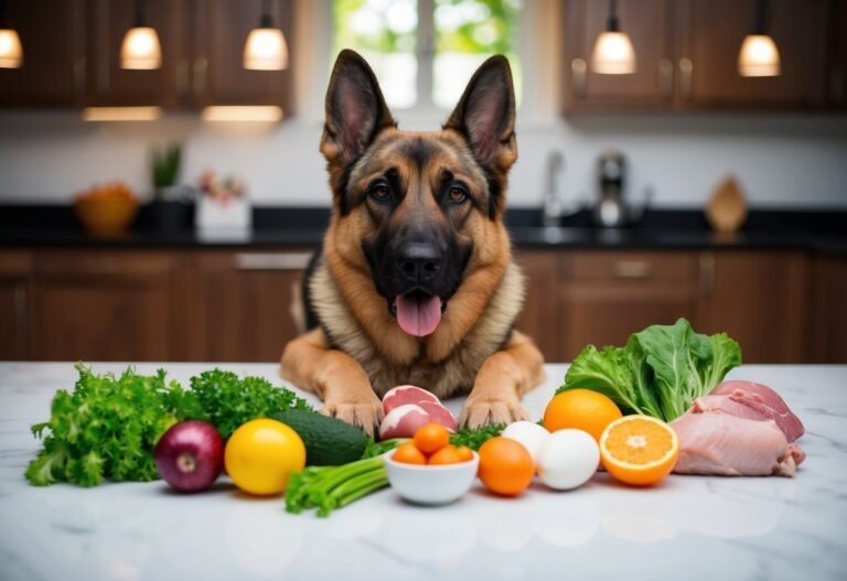German Shepherd dog with healthy food ingredients on a kitchen counter