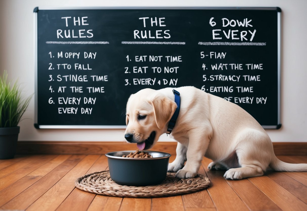 A Labrador puppy eating from a bowl at the same time every day, surrounded by six rules written on a chalkboard